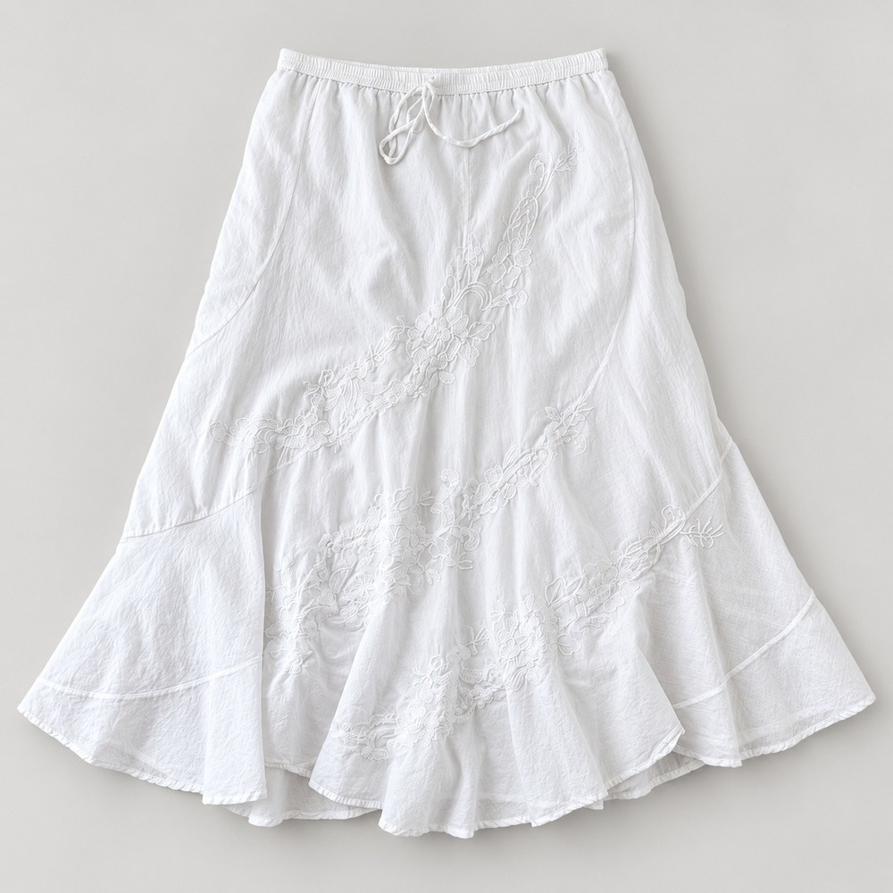 White Cotton Embroidered Tiered Peasant Midi Skirt M Coquette Fairy Festival
